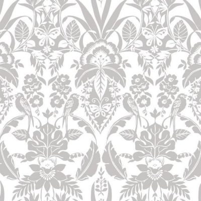 Papel pintado estilo damasco en color gris sobre fondo blanco Botanical Damask CY1582