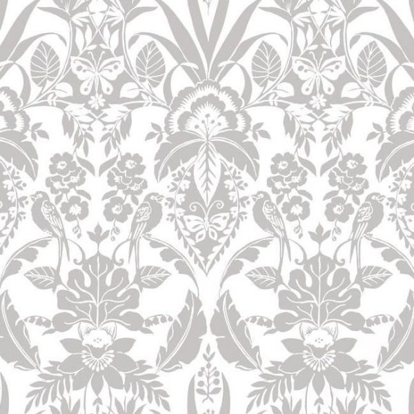 Papel pintado estilo damasco en color gris sobre fondo blanco Botanical Damask CY1582