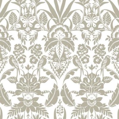 Papel pintado estilo damasco en color beige sobre fondo blanco Botanical Damask CY1583