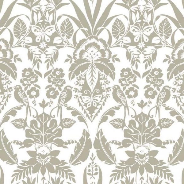Papel pintado estilo damasco en color beige sobre fondo blanco Botanical Damask CY1583