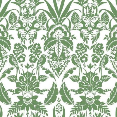 Papel pintado estilo damasco en color verde sobre fondo blanco Botanical Damask CY1584