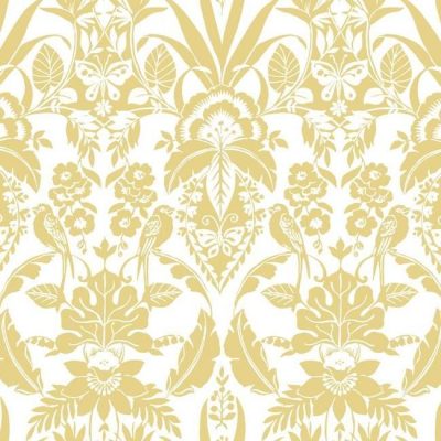 Papel pintado estilo damasco en color amarillo sobre fondo blanco Botanical Damask CY1587