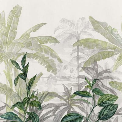 Mural de papel pintado estilo tropical en color verde y gris Olea 74840170