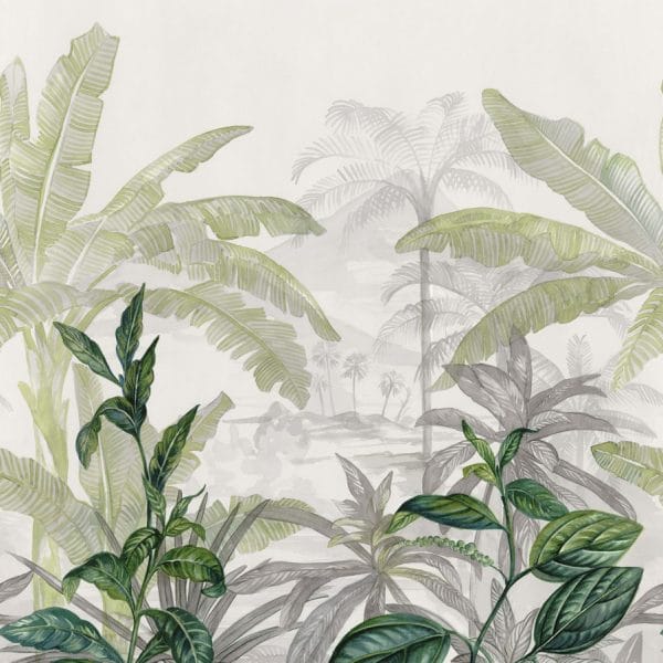 Mural de papel pintado estilo tropical en color verde y gris Olea 74840170