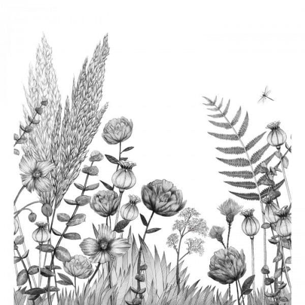 Mural de papel pintado estilo estampado floral plantas y flores en negro y tonos de gris sobre un fondo blanco Eclosion 74931120