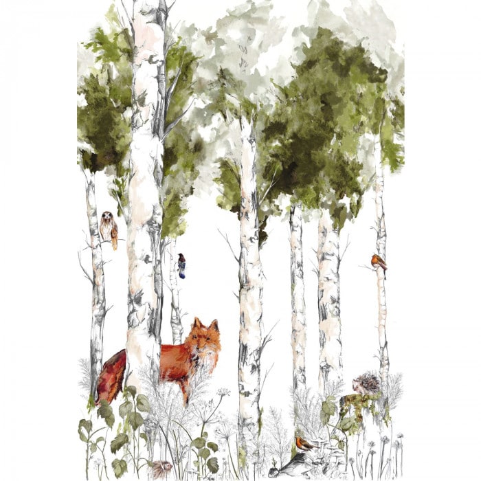 Mural Infantil Bosque Primaveral, paisaje con animales del bosque entre los  árboles, papel pintado para paredes infantiles ANIM5