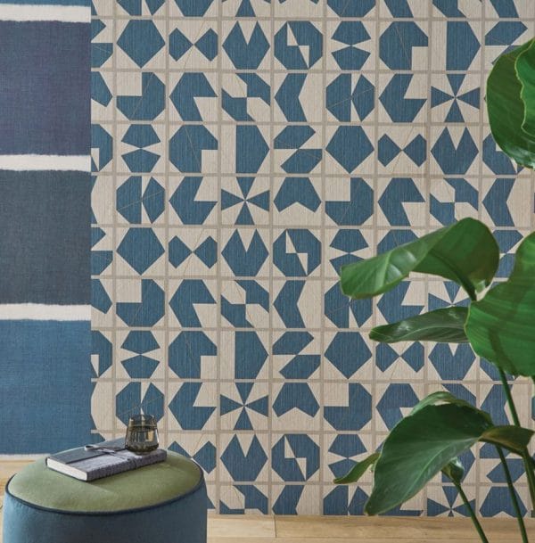Papel pintado estilo abstracto figuras geométricas en colores negro y verde Kutani Vinyl W7557-05 - Imagen 3
