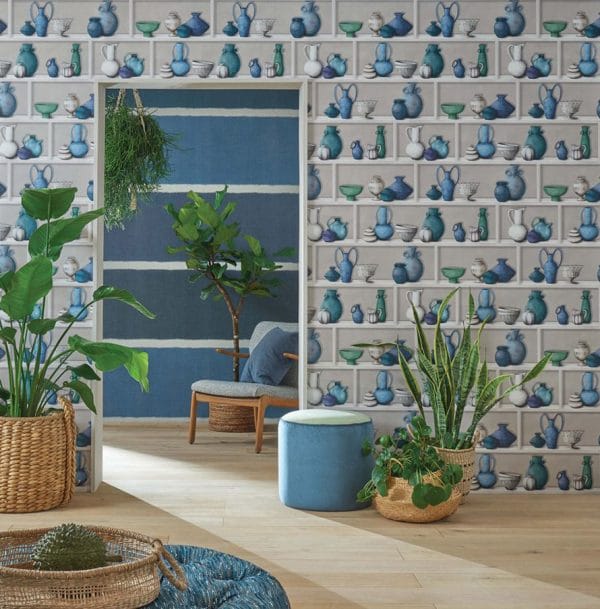 Papel pintado estilo jarrones en colores verdes-azules-blanco Raku W7560-01 - Imagen 3