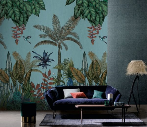 Mural de papel pintado estilo tropical palmeras y otras plantas tropicales en multicolor sobre un fondo azul claro Ipanema 74290282 - Imagen 3