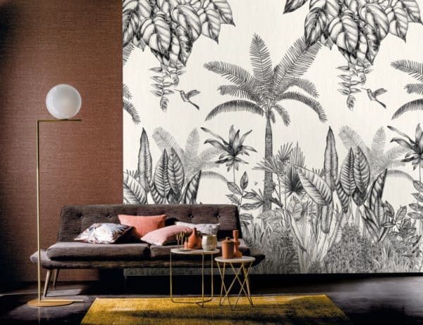 Mural de papel pintado estilo tropical palmeras y otras plantas tropicales en colores negro y gris sobre un fondo blanco Ipanema 74290180 - Imagen 3