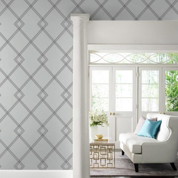 Papel pintado estilo geométrico-trellis rayas en negro sobre fondo gris Ribbon Stripe Trellis CY1511 - Imagen 3