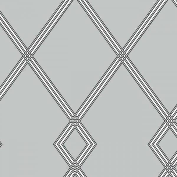 Papel pintado estilo geométrico-trellis rayas en negro sobre fondo gris Ribbon Stripe Trellis CY1511