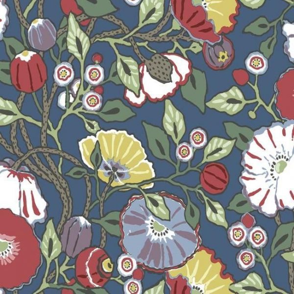Papel pintado de estilo floral estampado multicolor con fondo azul Vincent Poppies CY1515