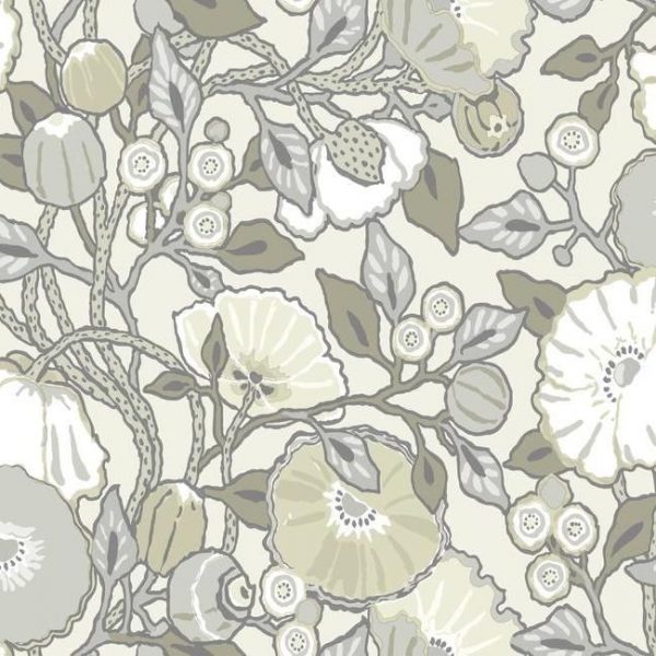 Papel pintado de estilo floral estampado gris y verde fondo marfil Vincent Poppies CY1519