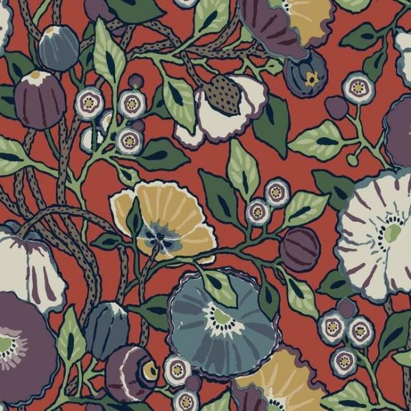 Papel pintado de estilo floral estampado con fondo rojo Vincent Poppies CY1520
