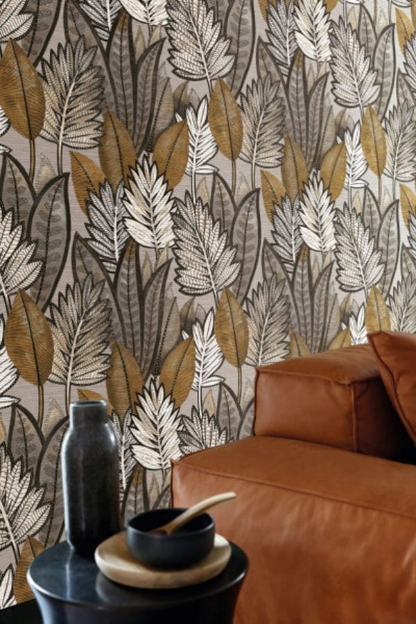 Papel pintado estilo tropical hojas en color beige-negro-blanco sobre fondo gris Sabal 74680162 - Imagen 3