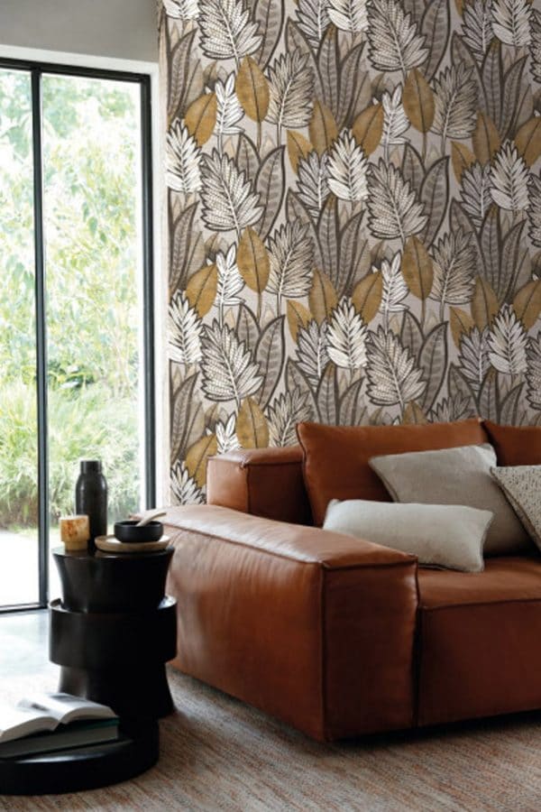 Papel pintado estilo tropical hojas en color beige-negro-blanco sobre fondo gris Sabal 74680162 - Imagen 4
