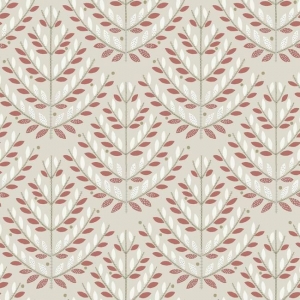 Papel pintado estilo hojas de color rojo y blanco en fondo beige Norrland NR1594