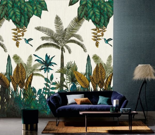 Mural de papel pintado estilo tropical palmeras y otras plantas tropicales en colores azul y verde sobre un fondo blanco Ipanema 74290384 - Imagen 3