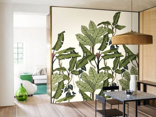 Mural de papel pintado estilo tropical hojas de banano y otras plantas tropicales en tonos verdes sobre fondo blanco Jangala 74992140 - Imagen 3