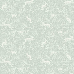 Papel pintado estilo animales en blanco sobre fondo verde claro Fable RI5101