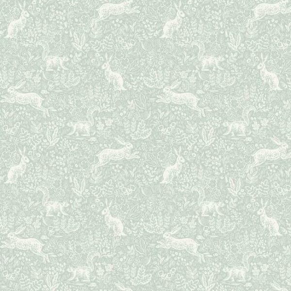 Papel pintado estilo animales en blanco sobre fondo verde claro Fable RI5101