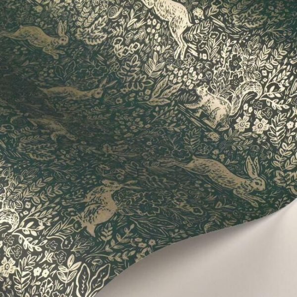 Papel pintado estilo animales en color dorado sobre fondo verde Fable RI5104 - Imagen 4