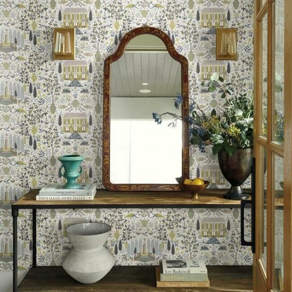 Papel pintado estilo arquitectura y ciudades en tonos marrones y beige sobre fondo blanco Camont RI5107 - Imagen 3