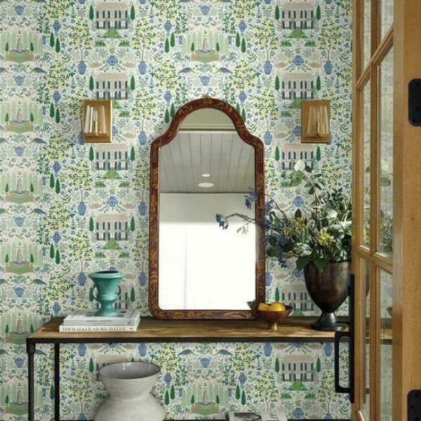 Papel pintado estilo arquitectura y ciudades en tonos verdes y azules sobre fondo blanco Camont RI5109 - Imagen 4