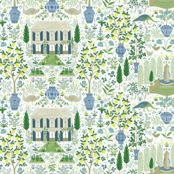 Papel pintado estilo arquitectura y ciudades en tonos verdes y azules sobre fondo blanco Camont RI5109