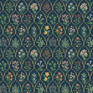 Papel pintado de estilo estampado floral multicolor sobre fondo azul Hawthorne RI5129