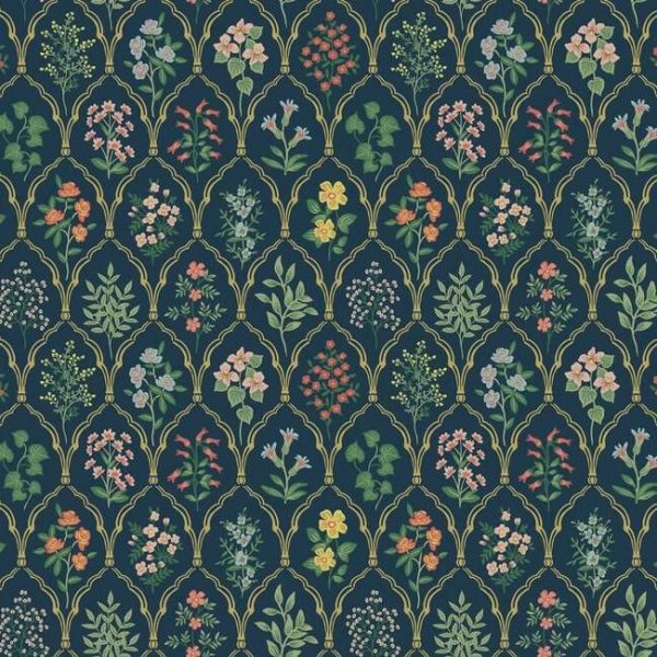 Papel pintado de estilo estampado floral multicolor sobre fondo azul Hawthorne RI5129