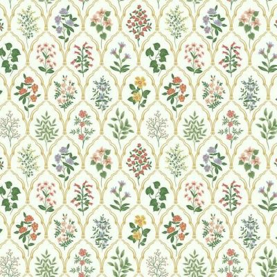 Papel pintado de estilo estampado floral multicolor sobre fondo beige Hawthorne RI5130