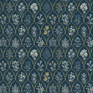 Papel pintado de estilo estampado floral en tonos de azul sobre fondo azul oscuro Hawthorne RI5131