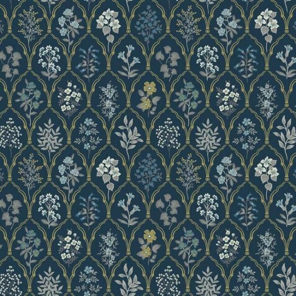 Papel pintado de estilo estampado floral en tonos de azul sobre fondo azul oscuro Hawthorne RI5131