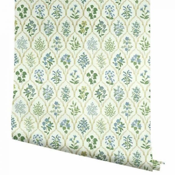 Papel pintado de estilo estampado floral en tonos verdes y azules sobre fondo blanco Hawthorne RI5132 - Imagen 5