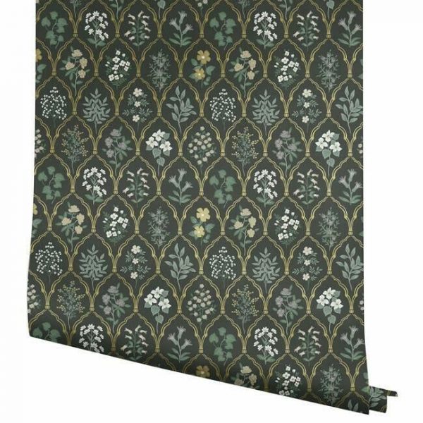Papel pintado de estilo estampado floral en tonos verdes sobre fondo negro Hawthorne RI5133 - Imagen 5