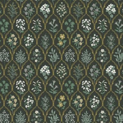 Papel pintado de estilo estampado floral en tonos verdes sobre fondo negro Hawthorne RI5133