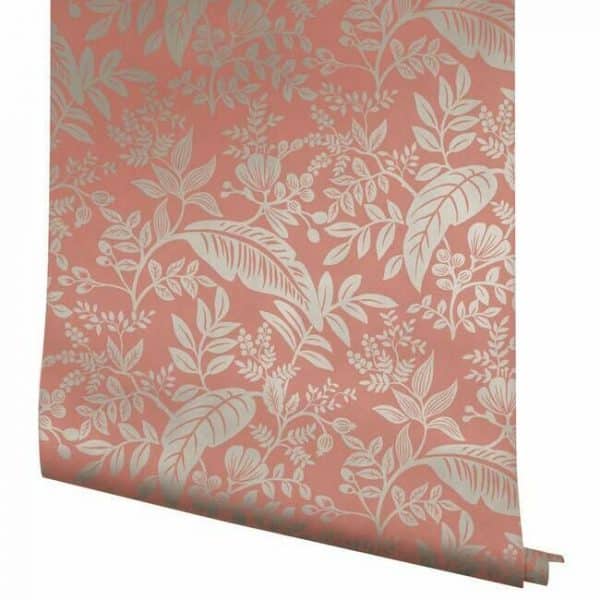 Papel pintado estilo hojas en color dorado metálico sobre fondo naranja Canopy RI5135 - Imagen 5