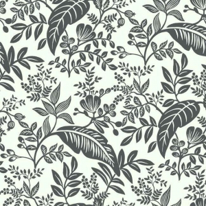 Papel pintado estilo hojas en color verde negro sobre fondo blanco Canopy RI5136