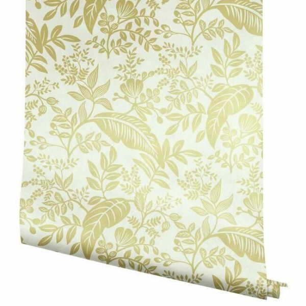 Papel pintado estilo hojas en color dorado metálico sobre fondo blanco Canopy RI5138 - Imagen 5