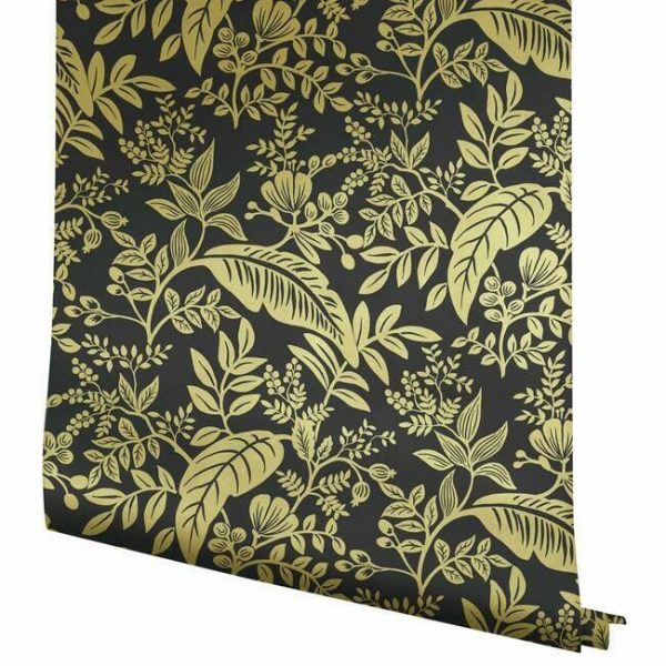 Papel pintado estilo hojas en color dorado metálico sobre fondo negro Canopy RI5139 - Imagen 5