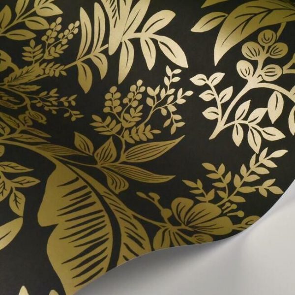 Papel pintado estilo hojas en color dorado metálico sobre fondo negro Canopy RI5139 - Imagen 4