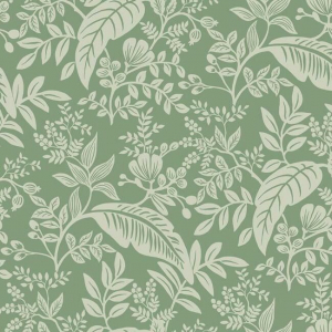 Papel pintado estilo hojas en verde color claro sobre fondo verde oscuro Canopy RI5140