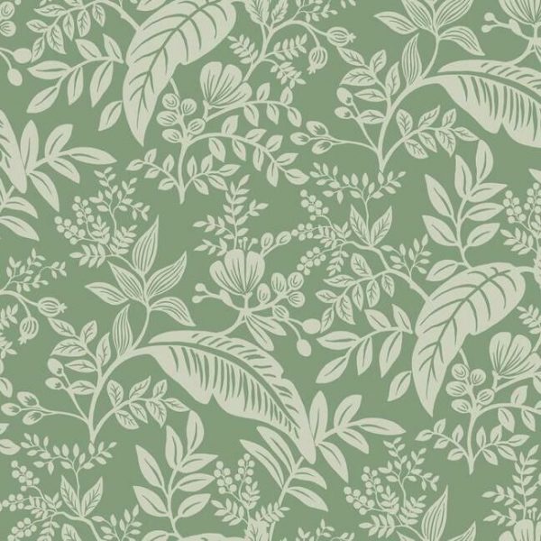 Papel pintado estilo hojas en verde color claro sobre fondo verde oscuro Canopy RI5140