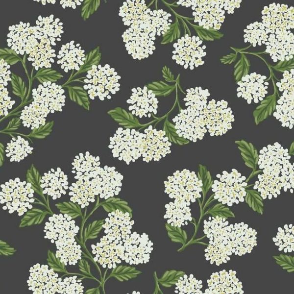 Papel pintado estilo flores en blanco sobre fondo negro Hydrangea RI5146