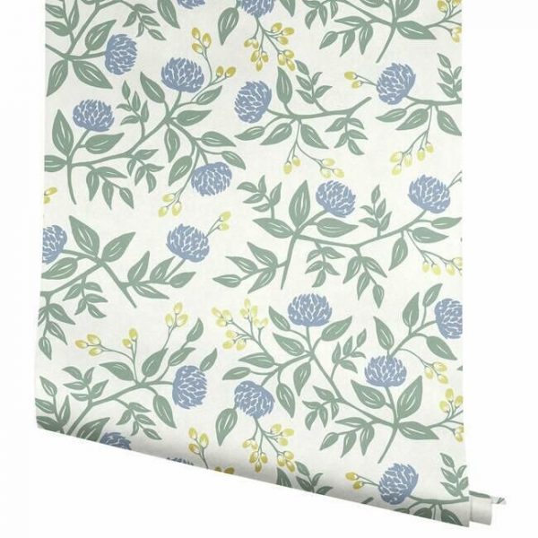 Papel pintado estilo flores en color azul y dorado sobre fondo blanco Peonies RI5148 - Imagen 5