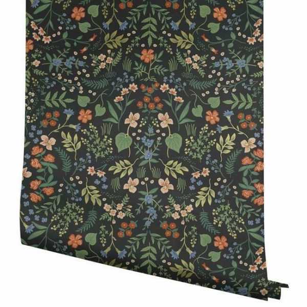 Papel pintado de estilo estampado floral multicolor sobre fondo negro Wildwood RI5158 - Imagen 5