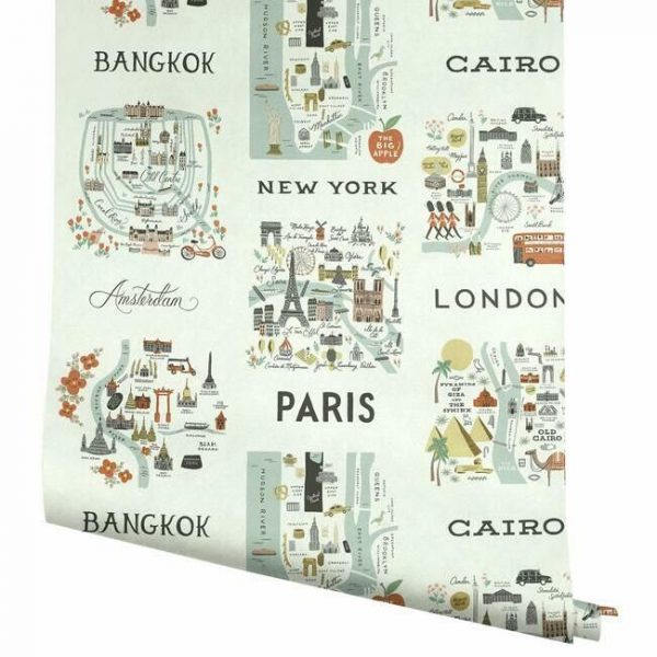 Papel pintado estilo arquitectura y ciudades en tonos verdes y rojos sobre fondo blanco City Maps RI5160 - Imagen 4