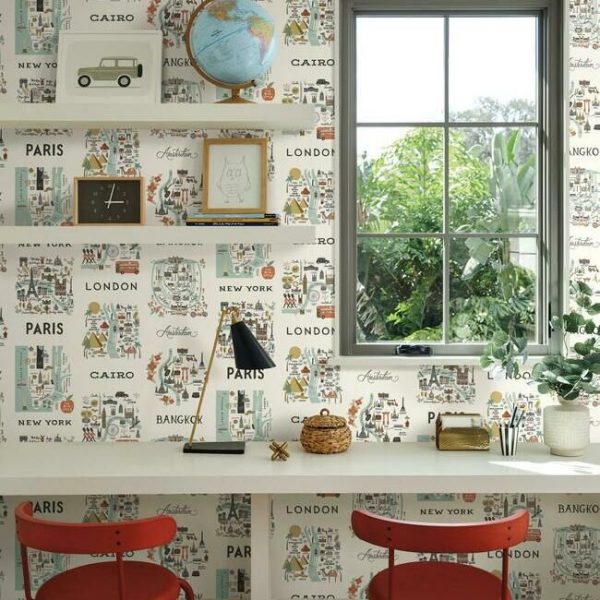 Papel pintado estilo arquitectura y ciudades en tonos verdes y rojos sobre fondo blanco City Maps RI5160 - Imagen 3
